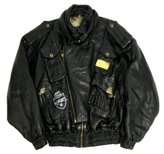 Giacca Biker Bomber Vintage anni '80 Nera Vera Pelle Uomo Grande Utilità