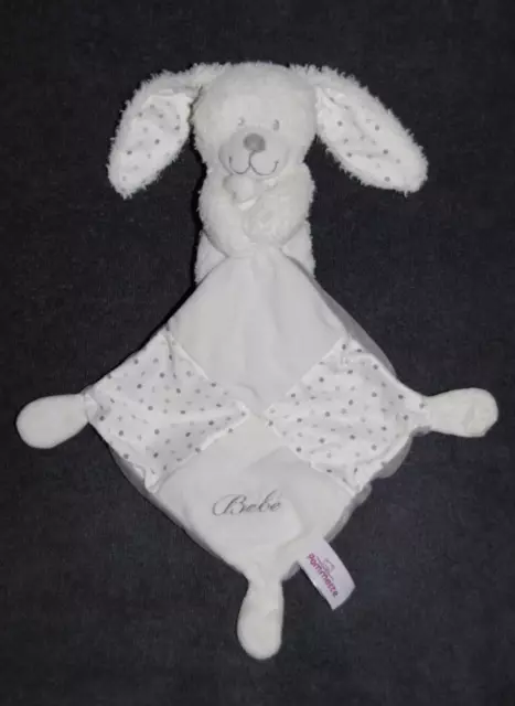 Doudou Lapin Blanc Mouchoir Brodé Bébé POMMETTE Nez et Pois Gris TBE