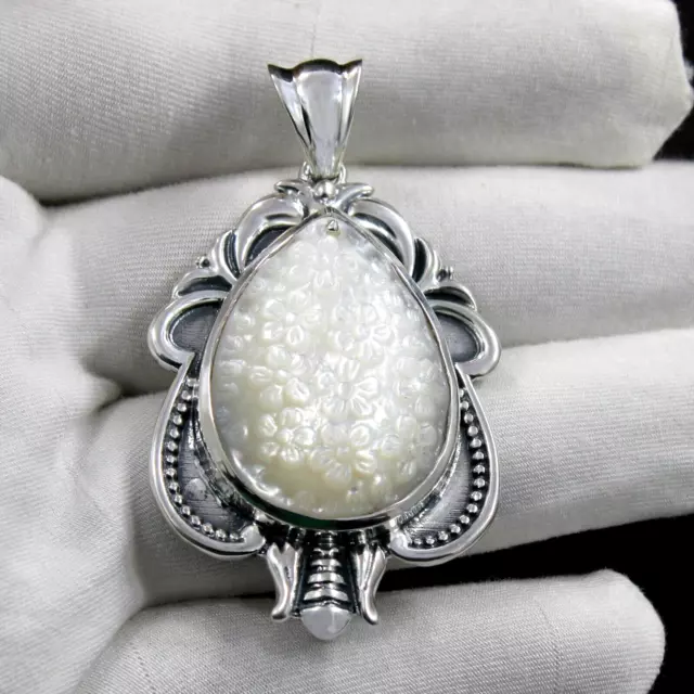 Vintage Natural Mother of Pearl Carved Flower Pendant Sterling Silver 925