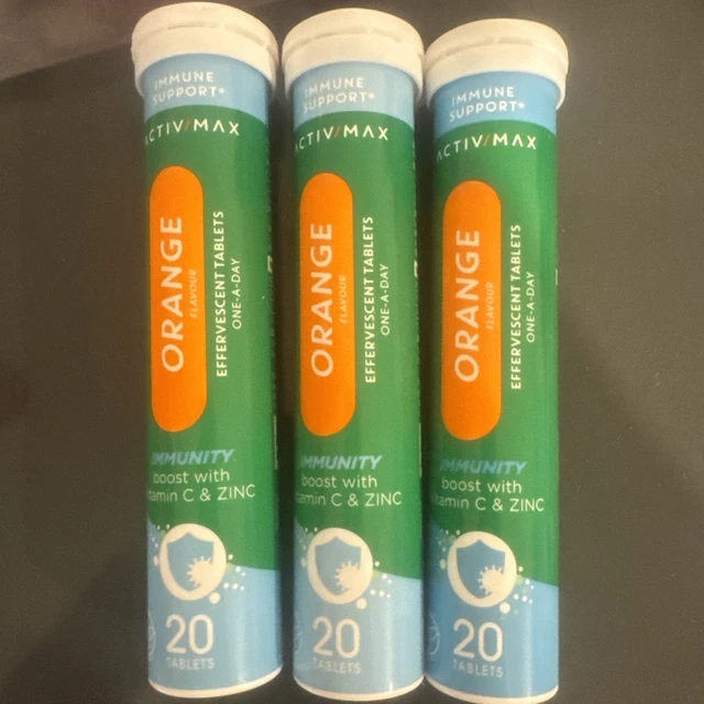 ACTIV-MAX VITAMIN C Zinc Effervescent Tablets Orange Flavour 60 Tabs 3 ...