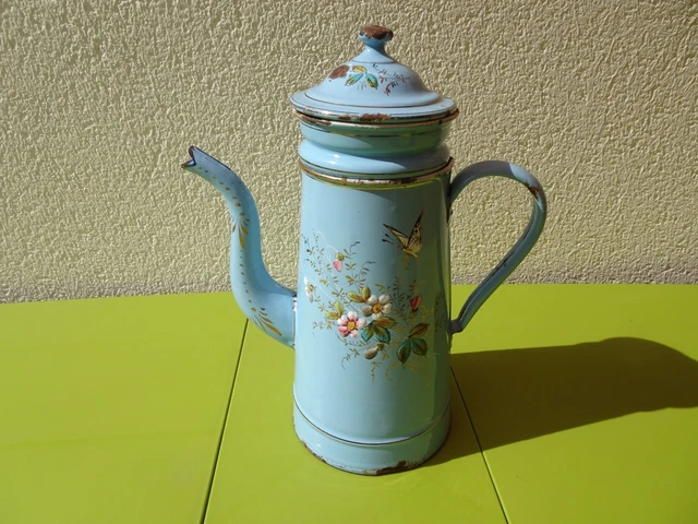ANCIENNE CAFETIÈRE EN tôle émaillé à décor de fleurs EUR 20,00