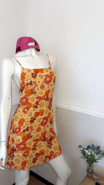 Ghanda Retro Floral Mini Shift Dress Brown Orange 70s Cotton sz S 8-10