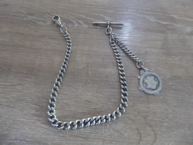 Good Antique Solid Sterling Silver Single Albert Pocket Watch Chain & Fob