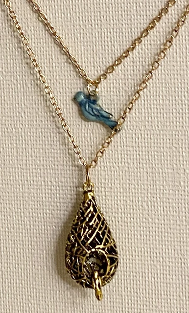 Betsey Johnson Rare Alloy Rhinestone Blue Glaze Bird Nest Pendant Necklace NWT