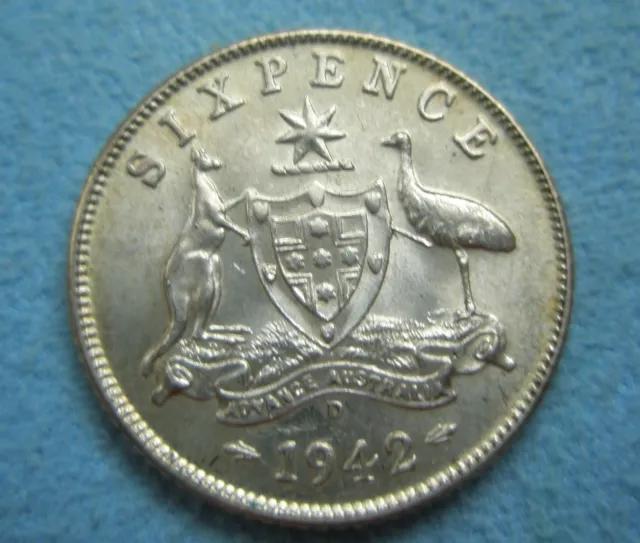 AUSTRALIA Sixpence 6 pence 1942 D Brilliant UNC Silver Great Britain