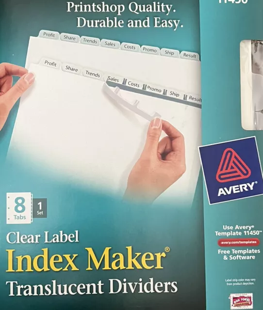 NWT Avery 11450 Index Maker Translucent Clear Label Dividers, 8 Tab, Letter Size