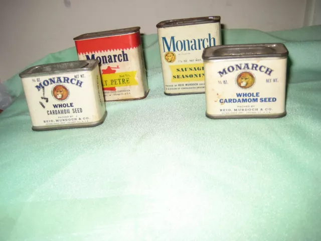 (4) Vtge Monarch Spice Tins: Salt Petre Peter, Sausage Seasoning, Cardamom Seeds