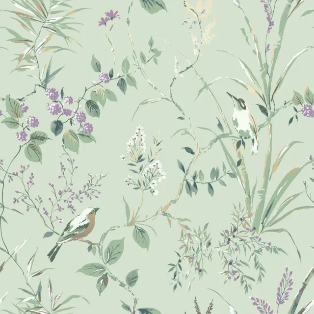 Crown Mariko Elegant Bird Floral Wallpaper Metallic Highlights Trees Leaves