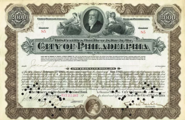 USA CITY OF PHILADELPHIA LOAN  stock certificate/bond $2000