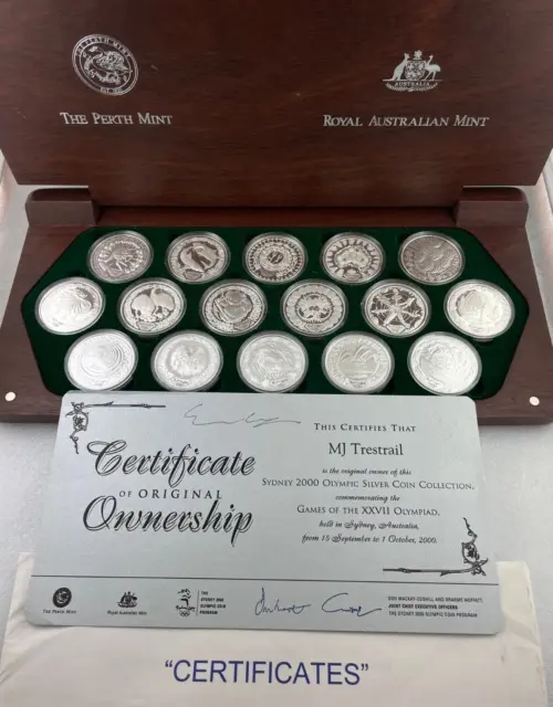 2000 SYDNEY OLYMPIC $5 SILVER PROOF 16 COIN COLLECTION. COMPLETE! Heavy box ~2kg