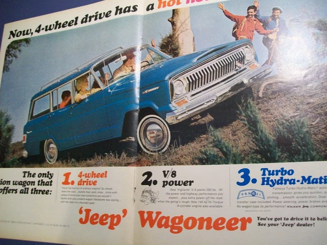 1966 Jeep Wagoneer large-mag centerfold car ad -"Turbo Hydra-matic"