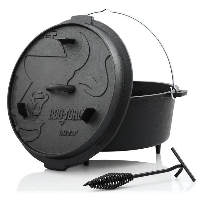 BBQ-TORO Dutch Oven 12 QT Premium Gusstopf Gusseisen Bräter 12L mit Deckelheber
