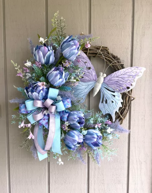 Handmade Spring Summer Butterfly Floral Wreath in Purples & Blues  25" x 22"