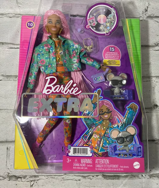 Barbie Extra Fashion Doll Long Pink Braids in Teal Floral Jacket Pet Mouse