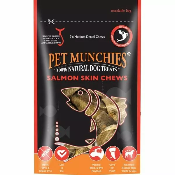 Pet Munchies Medium Salmon Skin Chews 90g 100% Natural Dog Dental Treats 90g