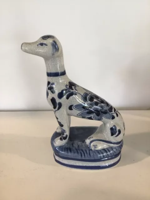 Dalmatian Dog Ceramic Figure- Gray with blue Flowers Sitting On Stand