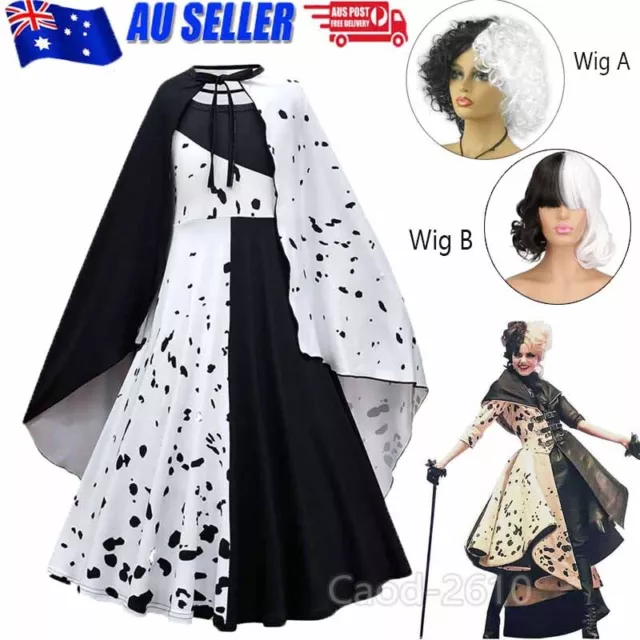 Kids Girls Cruella Dresses Cosplay Costume Wig Set Fancy Dress Outfit Party Gift