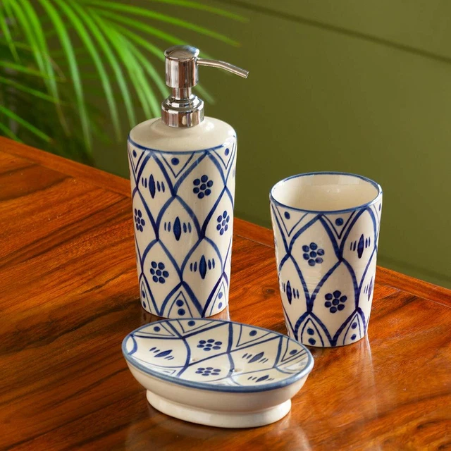 Pintado a Mano Cerámica Accesorio de Baño Conjunto De 3- Dispensador Plato Vaso