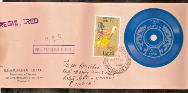 Bhutan 1.25 Nu.1977 Record Phonograph Stamp Postaly Used On Cover Rare 3