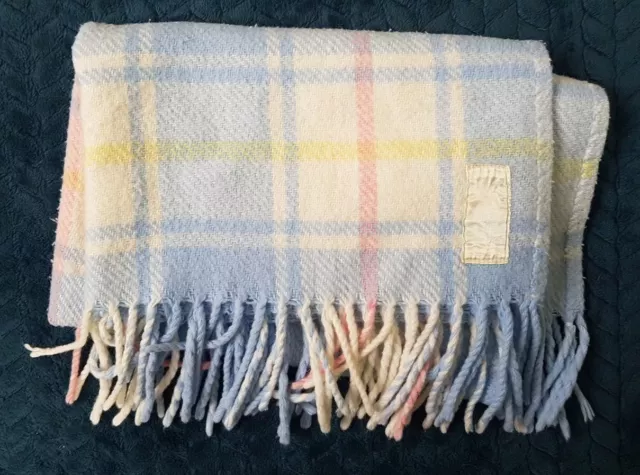 Vintage Pram Rug Blanket Acrylic check fringe blue pink yellow white Mde England