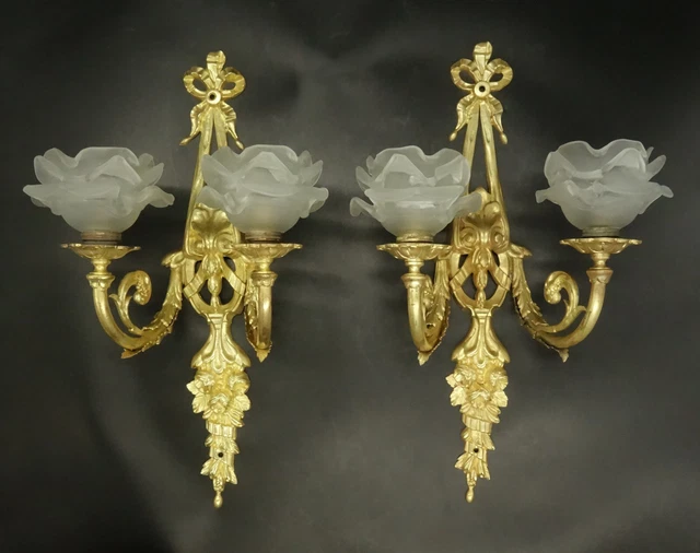 Large Pair Sconces Knots Decor Louis Xvi Style - Bronze & Glass - French Antique