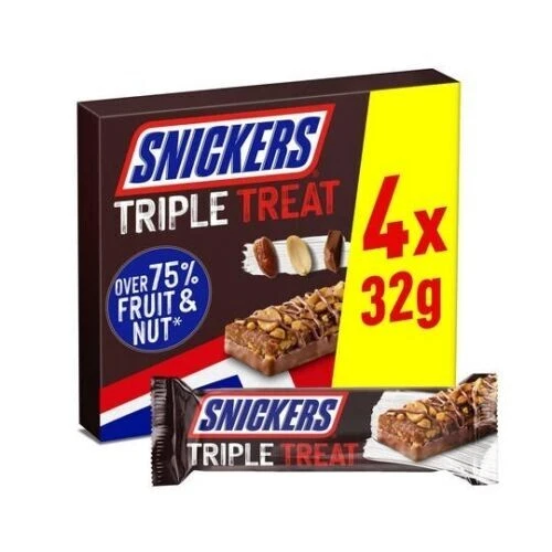 BRAND NEW 4 X Snickers Triple Treat Fruit & Nut Chocolate Multipack 16Bars 01/24