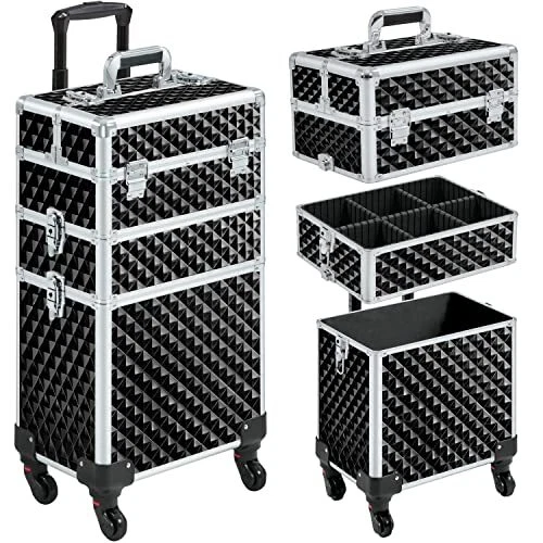 Rolling Makeup Train Case 3 in 1 Cosmetic Case Professional Makeup Suitcase L...