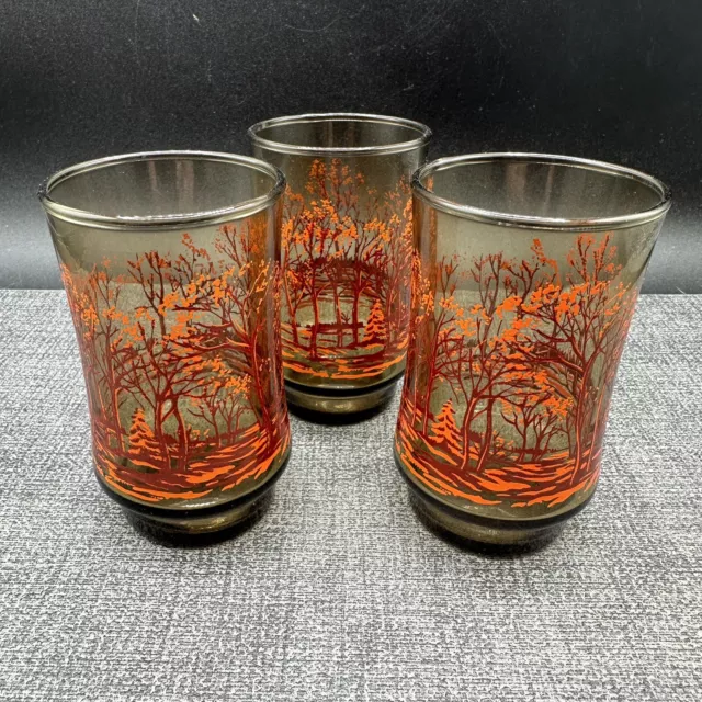 3 Vintage Libbey Juice Glasses St Clair Winter Fall Woods Amber Brown 1970s Rare