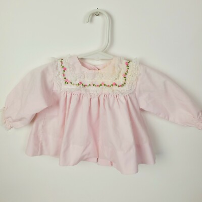 Vtg Infant Baby 3 Mo Usa Made "Alexis" Frilly Lace Pink Embroidered Dress Guc