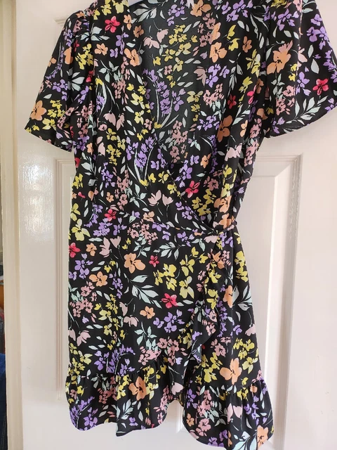 GEORGE BLACK FLORAL WRAP FRILL Mini DRESS SIZE 16.