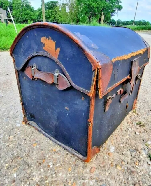 Antique Vintage Steamer Pirate Chest Travel Trunk Wooden Banded Domed Storage 3