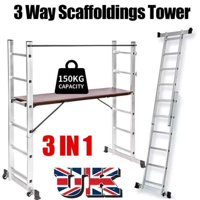 3-in-1 Aluminium Multi Purpose Working Ladder Step Scaffold Tower w/Platform