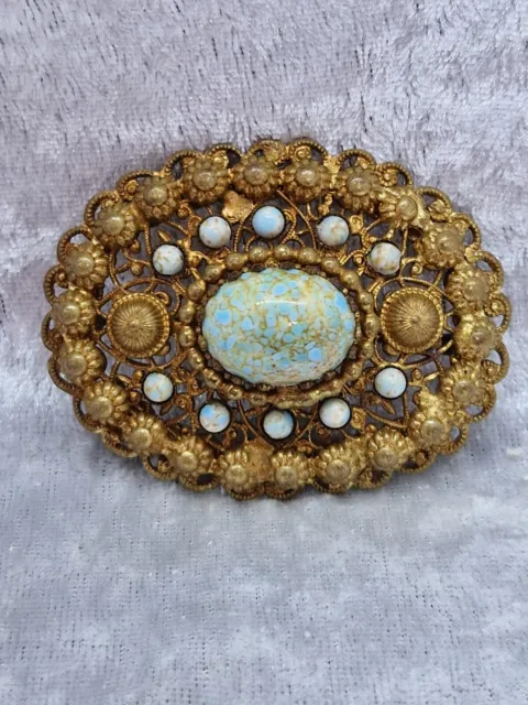 Vintage large gold tone decorative Czech brooch with Peking glass stones detail