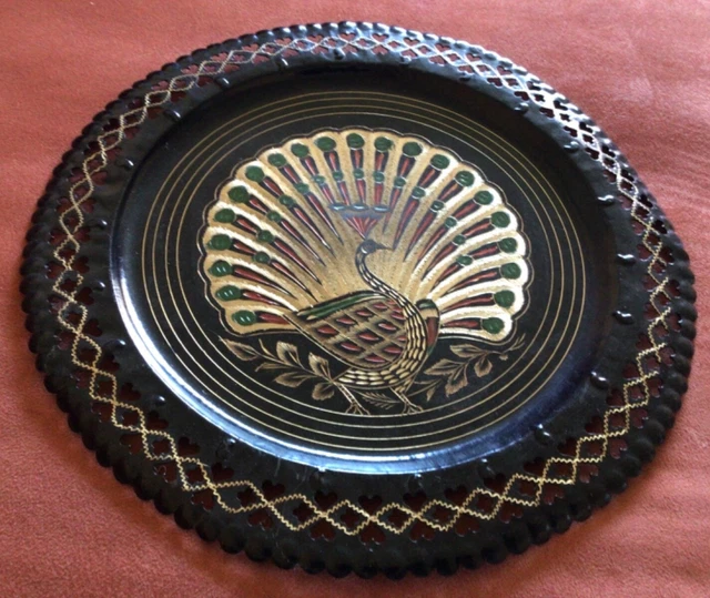 Vintage Etched Painted Brass Peacock Decorative Plate Wall Hanging 11.5”