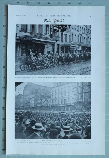 1914 Ww1 Print German Artillery Passing Through Belgian Capital Brussels