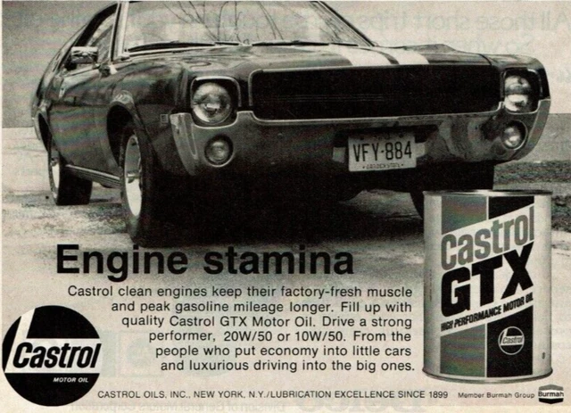1974 Vintage Print Ad Castrol GTX High-Performance Motor Oil 20W/50 10W/50 Car