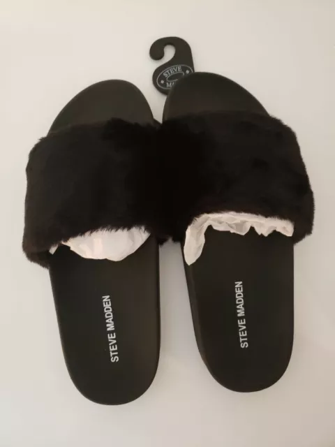 Steve Madden Softy Fuzzy Faux Fur Women Slides, Black, Size 7,8,9 Sexy Hot Gift 2