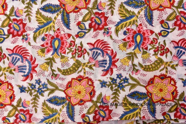 Indien 2.7m Neuf Main Bloc Imprimé Blanc Floral Coton Couture Artisanale Tissu