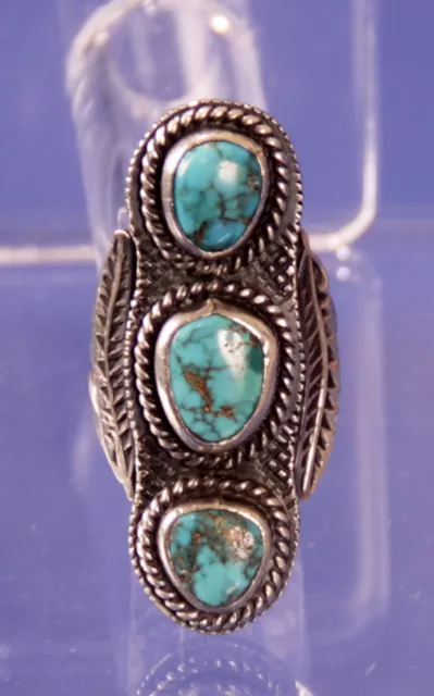 Authentic Navajo Sterling Silver & Three Turquoise Setting Ring Size 6