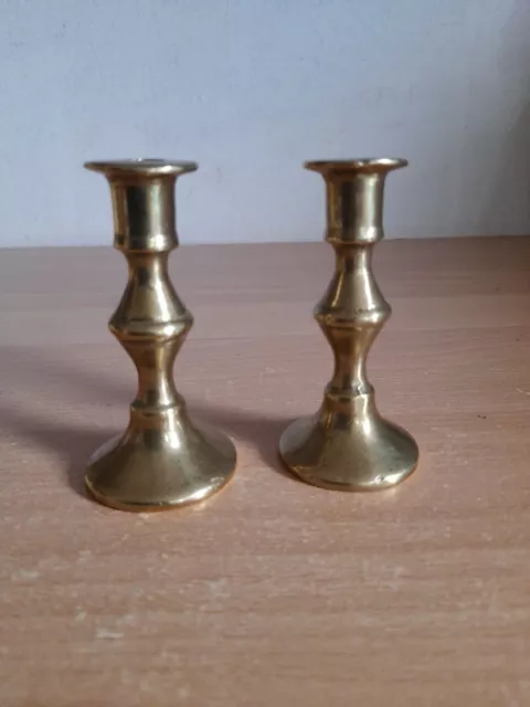 Pair Of Small Heavy Solid Brass Candlestick Holders 3.5 Inches Tall