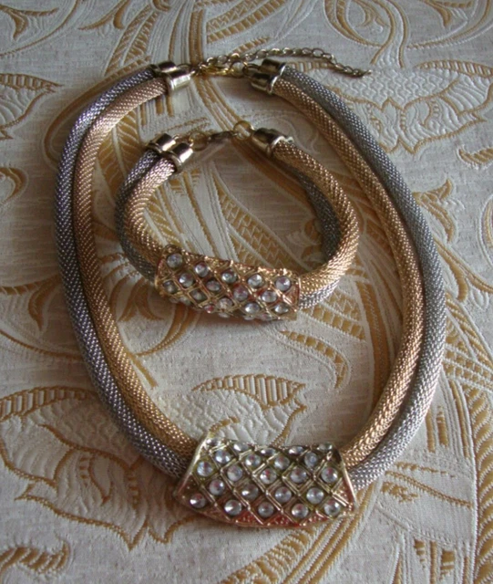 Parure Ancienne En Métal Doré Forme Goutte - Bracelet, Collier, Boucles D'oreilles - Occasion