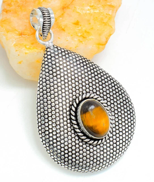 Tiger'S Eye Gemstone Handmade 925 Sterling Silver Jewelry Pendant Sz 2.5"