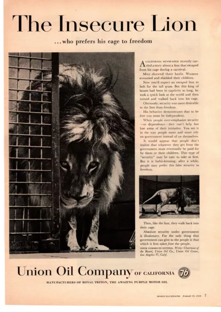 1959 Union 76 Oil Company Of California "The Insecure Lion" Male Cage Print Ad