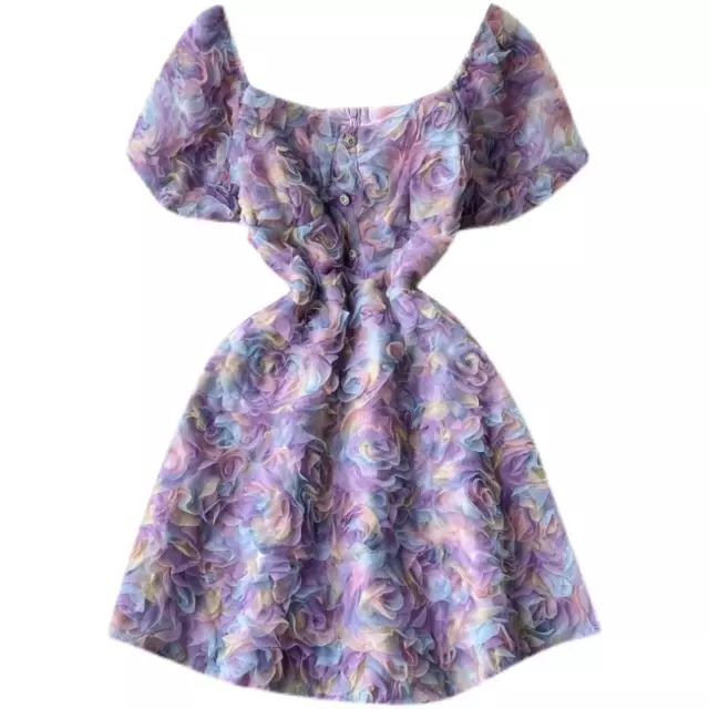 Women Floral Tea Dress Cute Short Sleeve Square Neck Lolita A-line Dress Summer