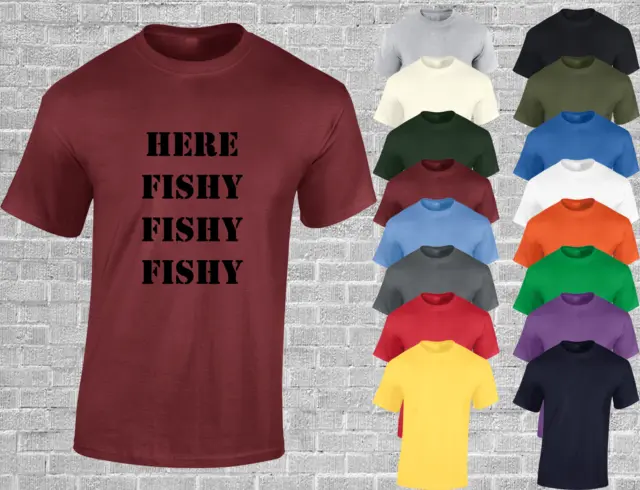 T Shirt Here Fishy Da Uomo Abbigliamento Pesca Carpa Pescatore Papà Regalo Top Nuova