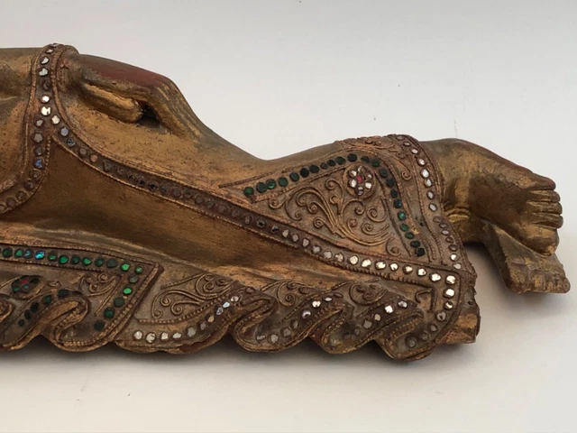 Vintage Burmese Reclining Mandalay Carved Buddha Gilded Wood Jeweled Inlays 2