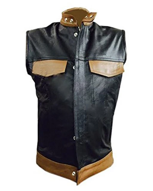 Uomo Vero Nero pelle di Mucca Gilet Moto Stile Biker Gilet