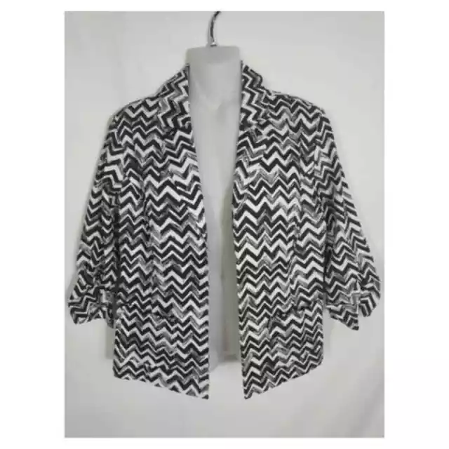 Chico's Womens Blazer Size 0 Small Black White Chevron Jacket Open Front Ruched