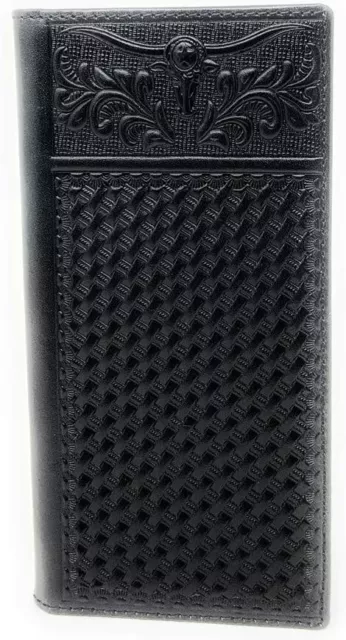Western Genuine Leather Basketweave Floral Tooled Longhorn Mens Long Bifold Wall