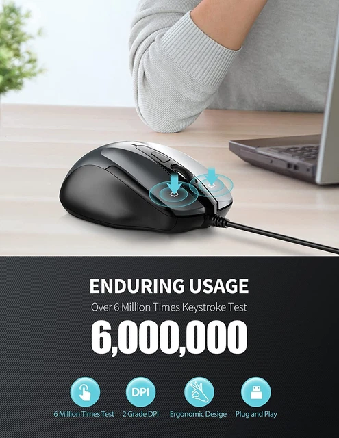 TECKNET USB Wired Mouse, 6-Button Corded Mouse with 2 Adjustable DPI, Grey 3